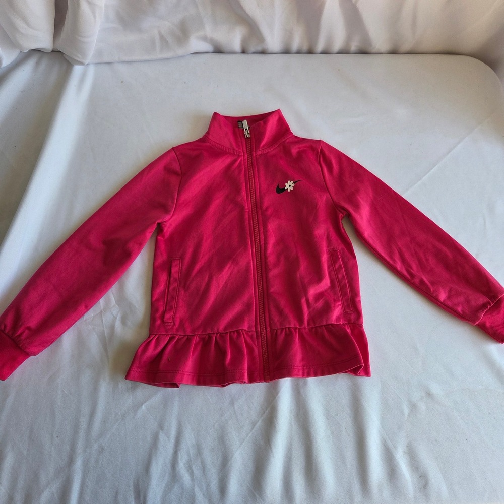 Nike Girls Pink Daisy Swoosh Ruffle Hem Track‎ Jacket Full Zip Size 4T - Picture 2 of 7
